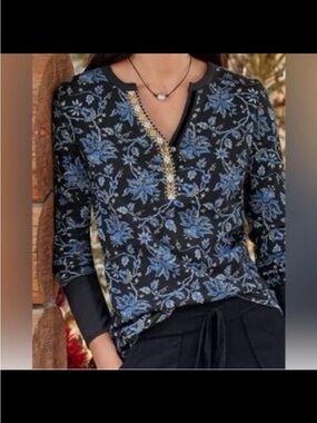 Sundance Long-Sleeve Navy Top with Blue Floral Design